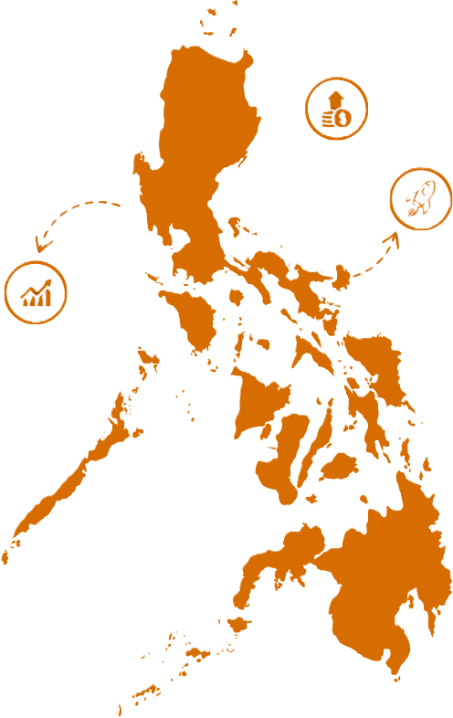 Illustrated map of the Philippines with the Rizal Monument and Mayon Volcano