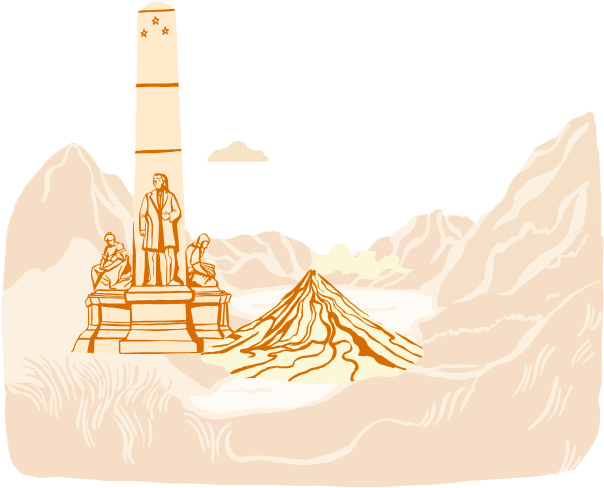 Illustrated map of the Philippines with the Rizal Monument and Mayon Volcano